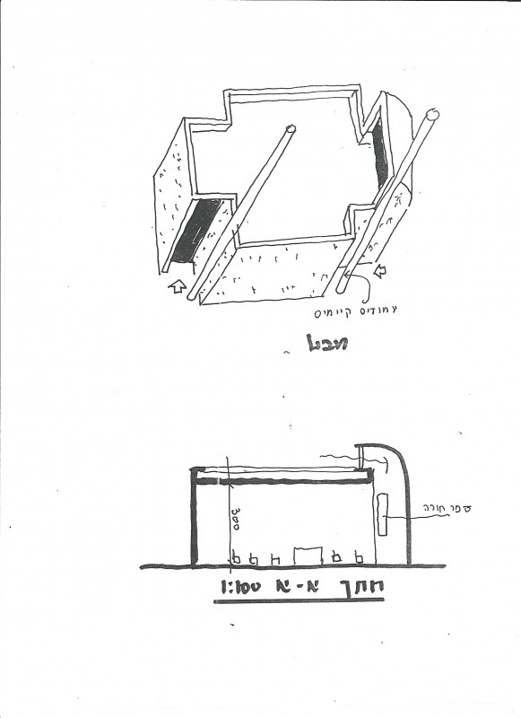 Kaplan sketch for cenagoge between exisintg colums of main building - section and view